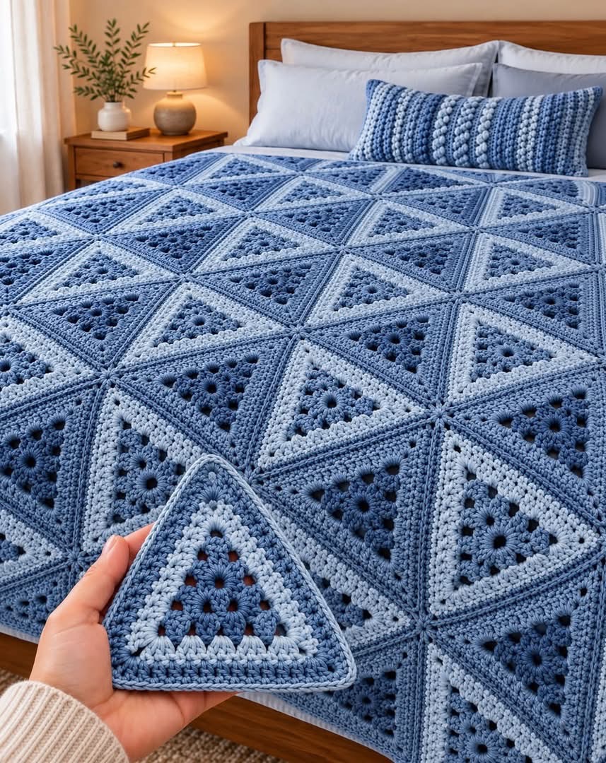 A crocheted blanket made of blue and light blue triangle motifs joined to form a geometric design, displayed on a neatly made bed.