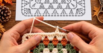 A detailed crochet granny square featuring a 3D pumpkin applique with green leaves, orange and cream rounds, and textured stitches.