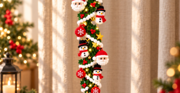 A handmade crochet Christmas garland featuring Santa faces, snowmen, stars, and red ornaments with a large red bow, decorated for the holidays.