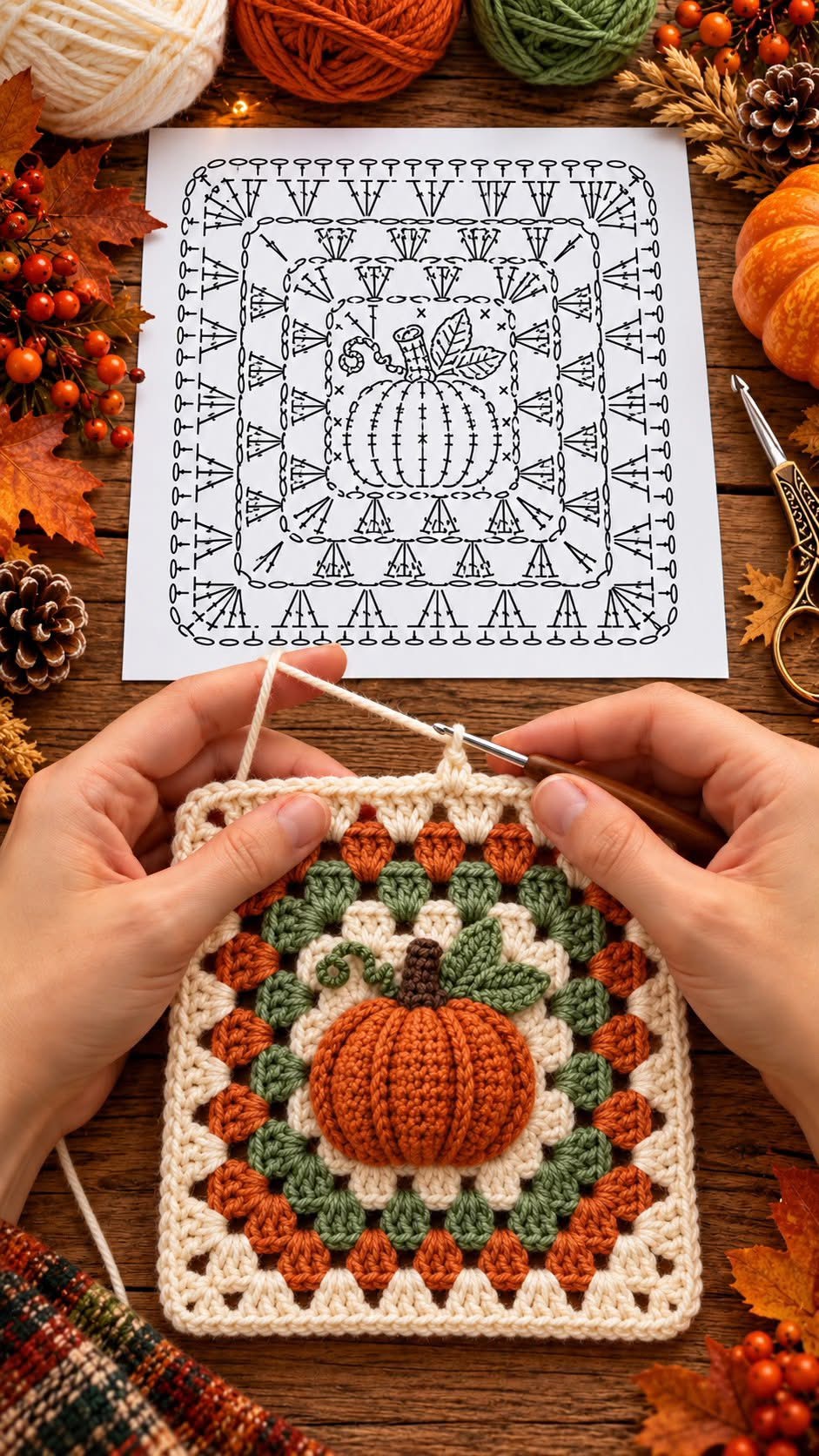 A detailed crochet granny square featuring a 3D pumpkin applique with green leaves, orange and cream rounds, and textured stitches.