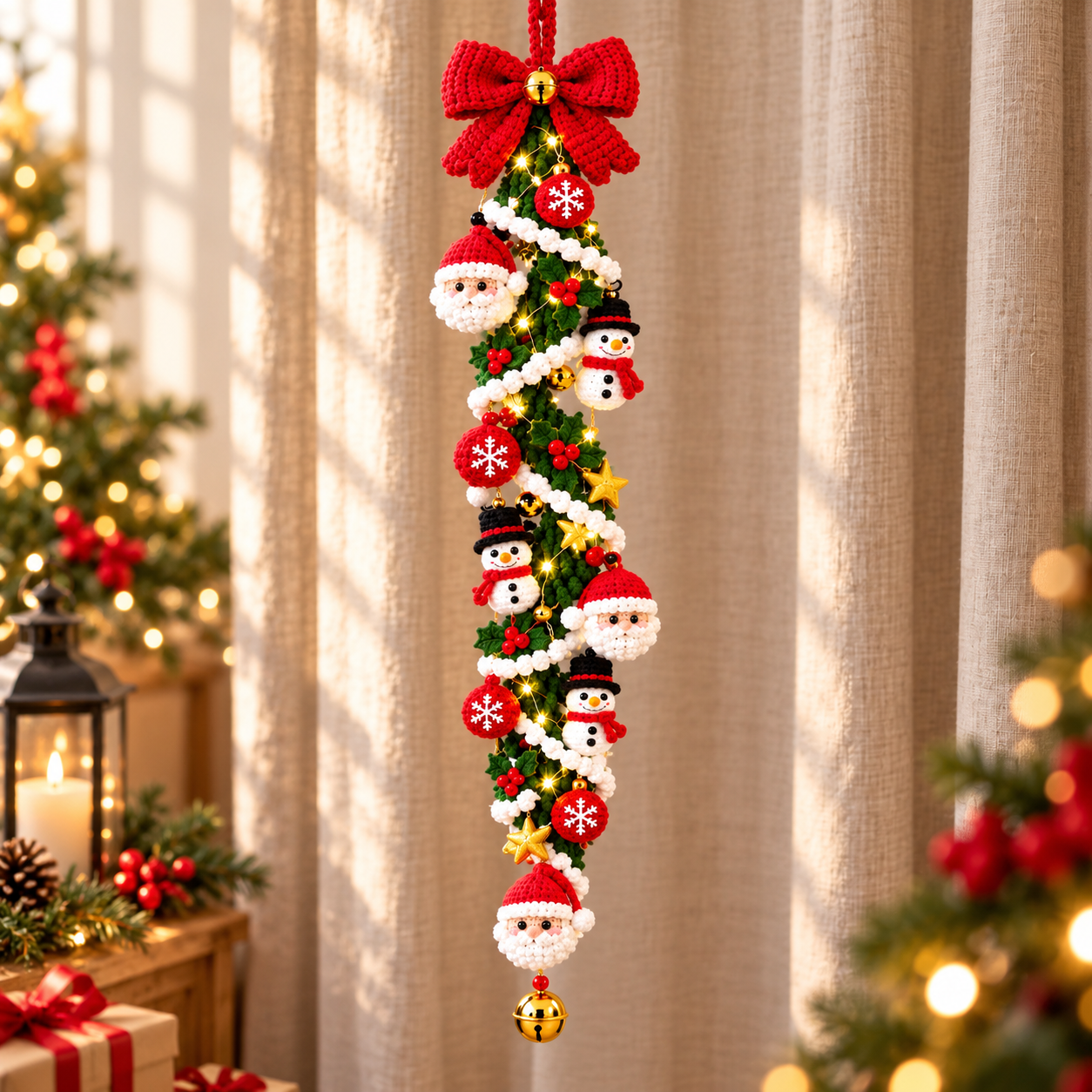A handmade crochet Christmas garland featuring Santa faces, snowmen, stars, and red ornaments with a large red bow, decorated for the holidays.