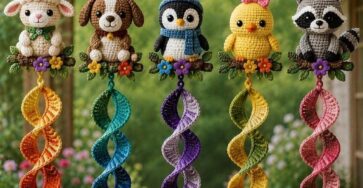 Five crochet animal wind chimes each with a cute amigurumi animal, flowers, leaves, rainbow spiral tail, and a bell at the bottom.