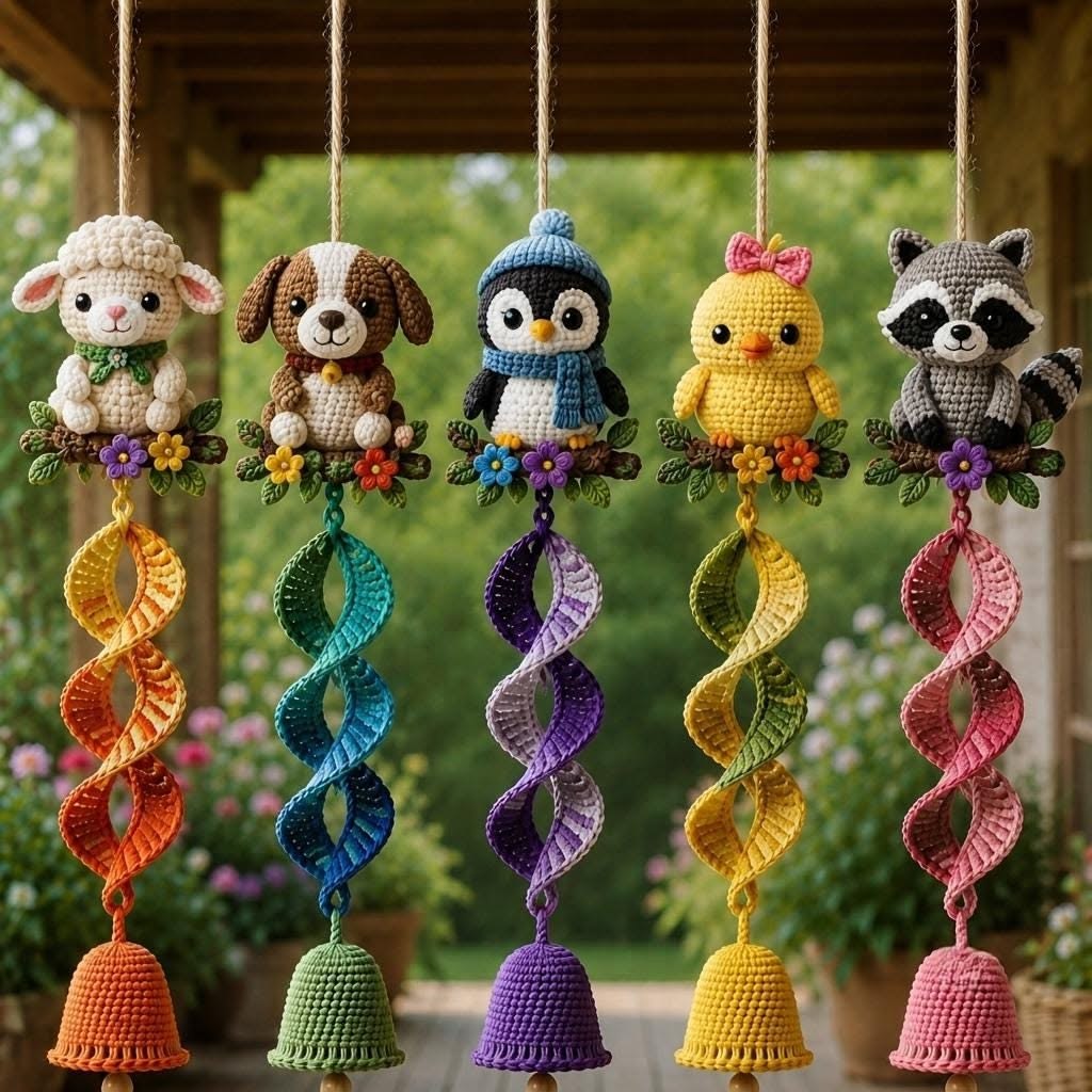 Five crochet animal wind chimes each with a cute amigurumi animal, flowers, leaves, rainbow spiral tail, and a bell at the bottom.