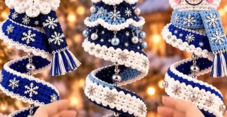 Three crocheted spiral Christmas ornaments: a Santa, a tree, and a snowman, all in blue and white with decorative snowflakes and beads.