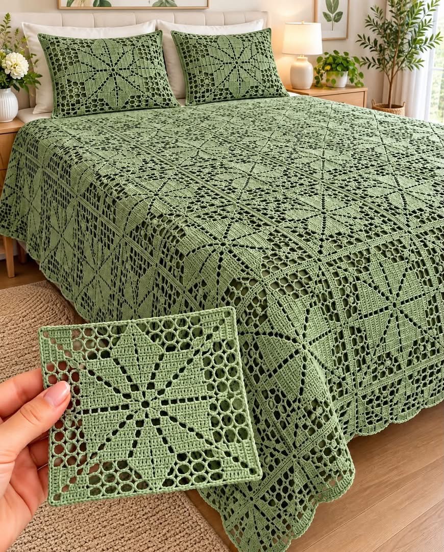 A green crochet bedspread and pillow set made from joined geometric lace squares, with a hand holding a single square motif in the foreground.