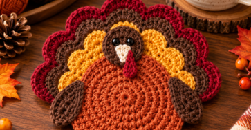 Colorful crochet turkey coaster with feathers, placed on a wooden table with fall decorations and a cup of spiced tea.