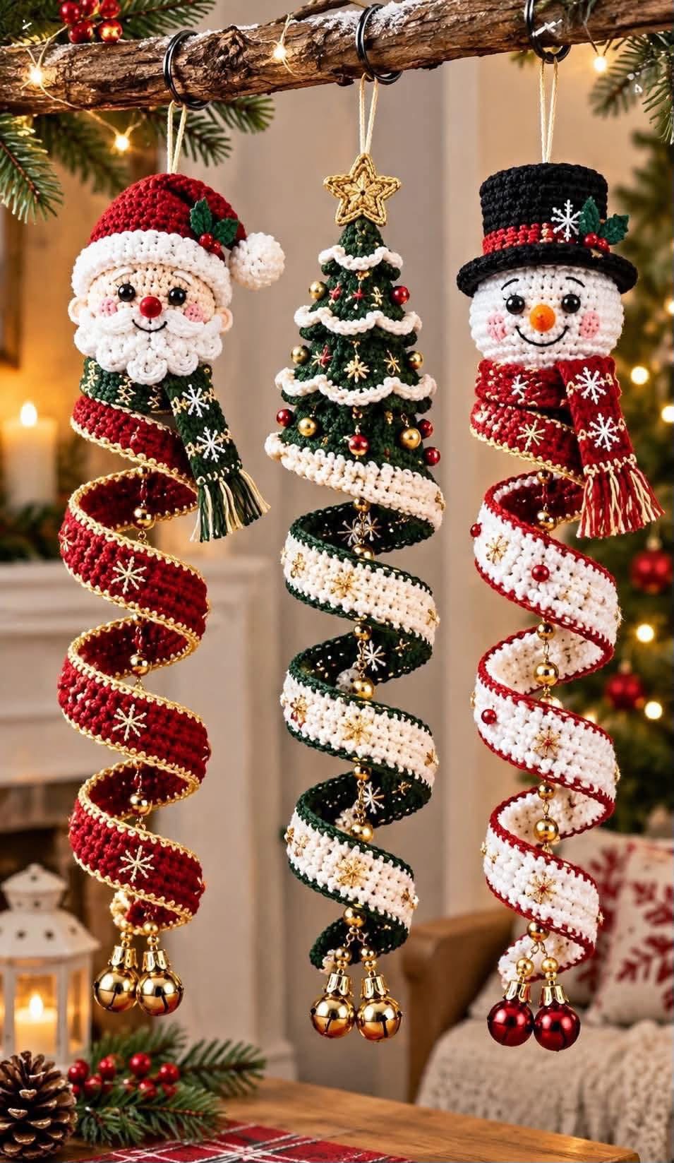 Three crochet spiral Christmas ornaments with Santa, a Christmas tree, and a snowman, each decorated with festive colors, scarves, and gold baubles.