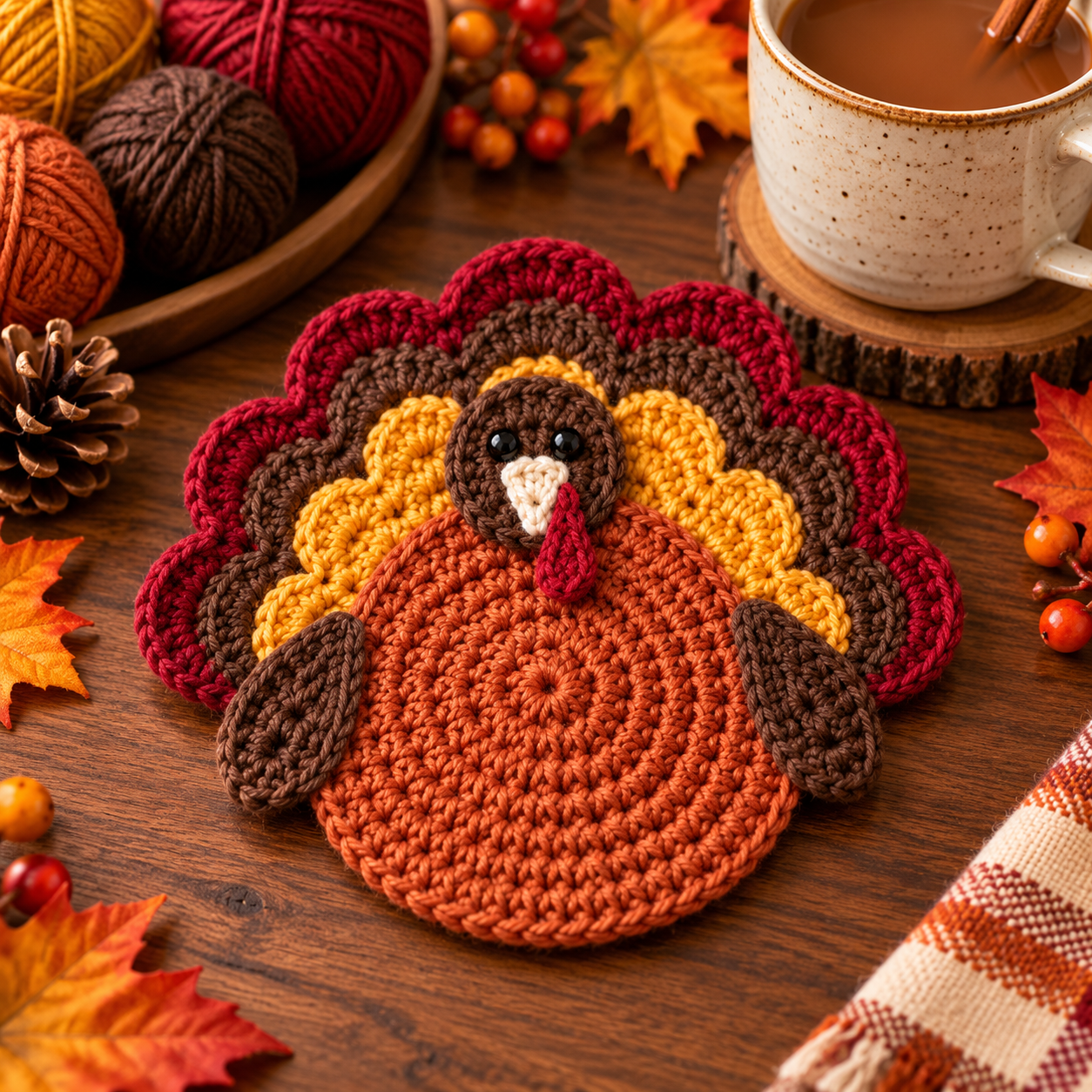 Colorful crochet turkey coaster with feathers, placed on a wooden table with fall decorations and a cup of spiced tea.