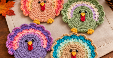 Four colorful crochet turkey coasters with scalloped tails and cute details on a fall-themed table.