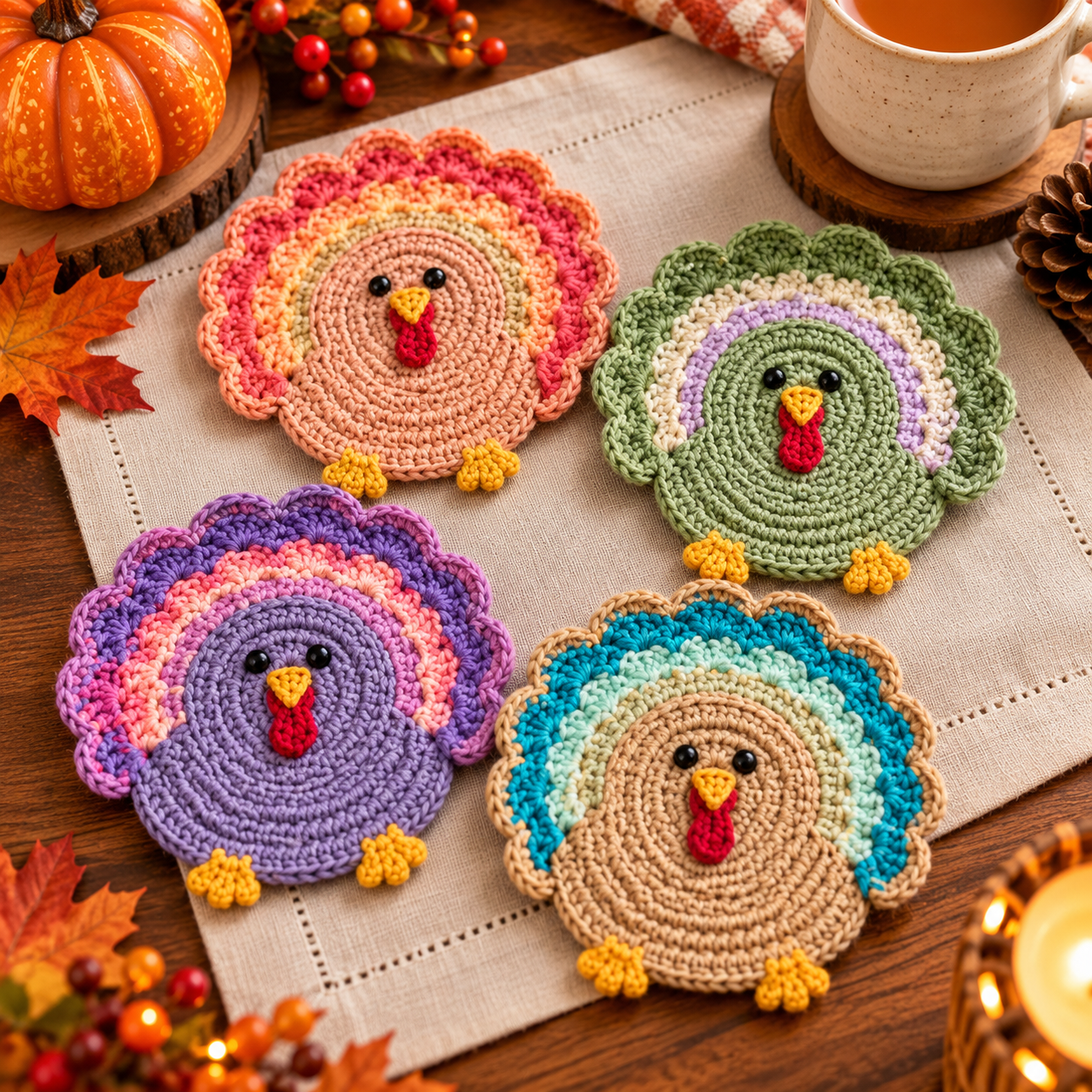 Four colorful crochet turkey coasters with scalloped tails and cute details on a fall-themed table.