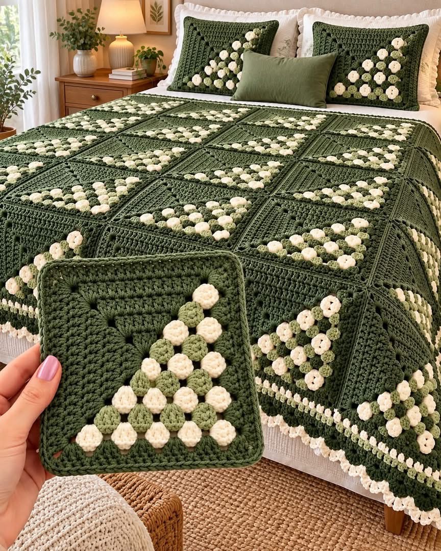 A crocheted blanket and matching pillows with green and cream diagonal bobble granny squares and scalloped border, shown on a bed.