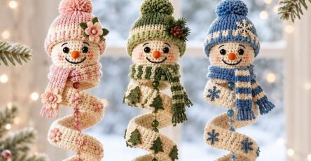 Three crocheted spiral snowman ornaments in pink, green, and blue with hats, scarves, and cheerful faces, hanging decoratively.