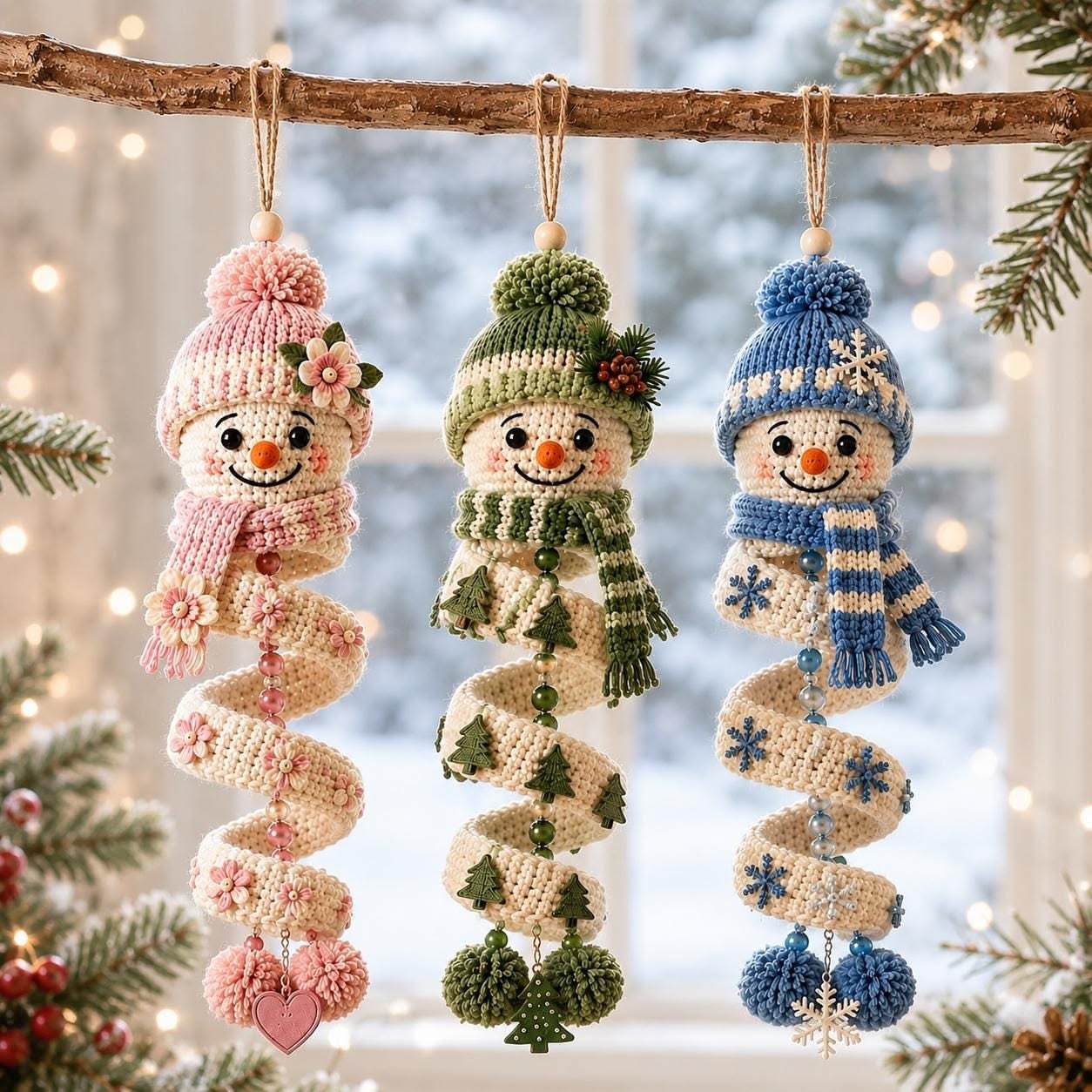 Three crocheted spiral snowman ornaments in pink, green, and blue with hats, scarves, and cheerful faces, hanging decoratively.