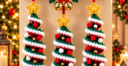 A crocheted Christmas wall hanging featuring three layered tree ornaments, stars, bobbles, garlands, holly leaves, and jingle bells.