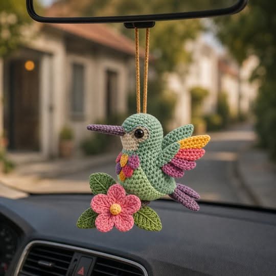 A colorful crocheted hummingbird amigurumi ornament with a flower and leaves, hanging from a car mirror.