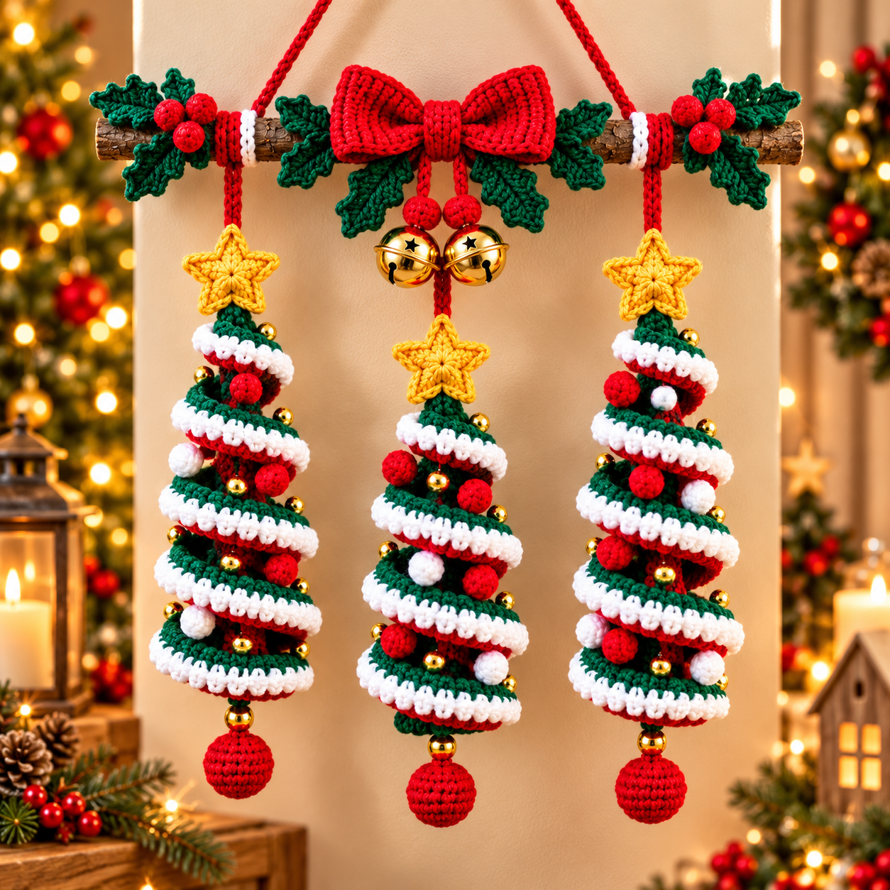A crocheted Christmas wall hanging featuring three layered tree ornaments, stars, bobbles, garlands, holly leaves, and jingle bells.