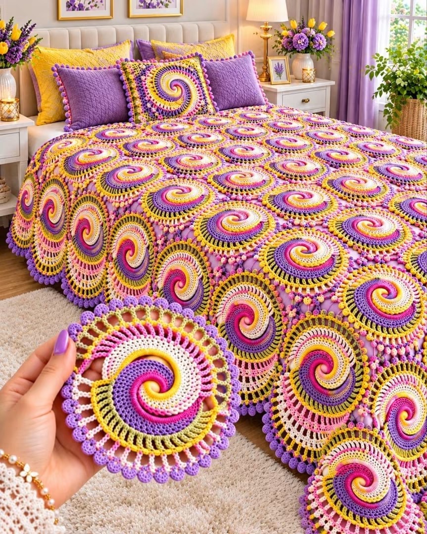 A colorful crochet bedspread made of joined swirling round motifs in purple, yellow, pink, and cream, with decorative pillows and floral accents.