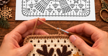 A crochet granny square with an appliquéd reindeer face, antlers, scarf, and star accents, surrounded by yarn and festive holiday decorations.