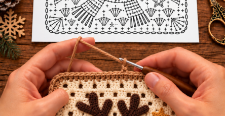A crochet granny square with an appliquéd reindeer face, antlers, scarf, and star accents, surrounded by yarn and festive holiday decorations.