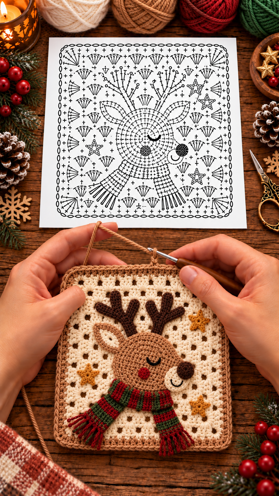A crochet granny square with an appliquéd reindeer face, antlers, scarf, and star accents, surrounded by yarn and festive holiday decorations.