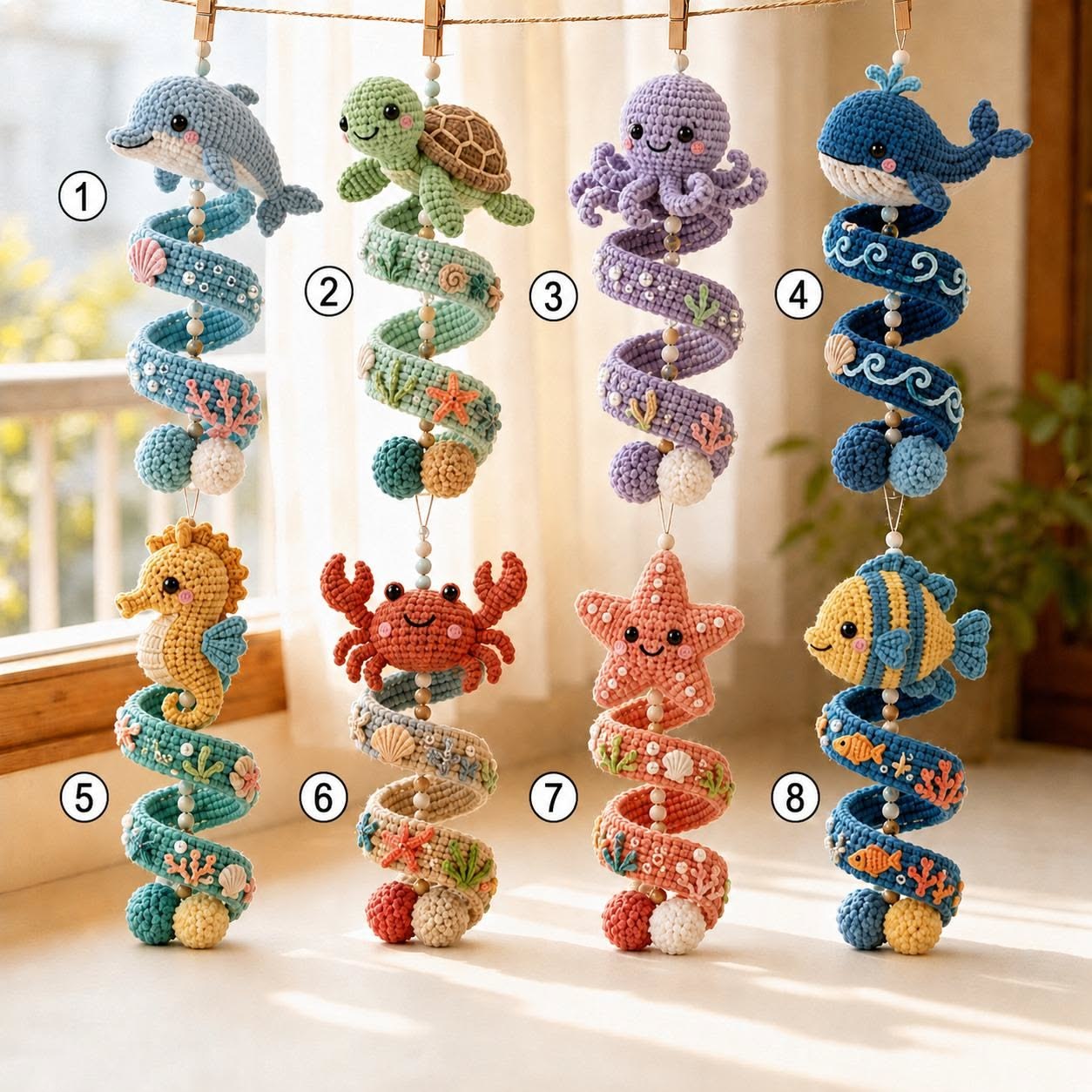 Crocheted spiral mobile featuring a blue dolphin amigurumi and underwater accents in blue and white tones.
