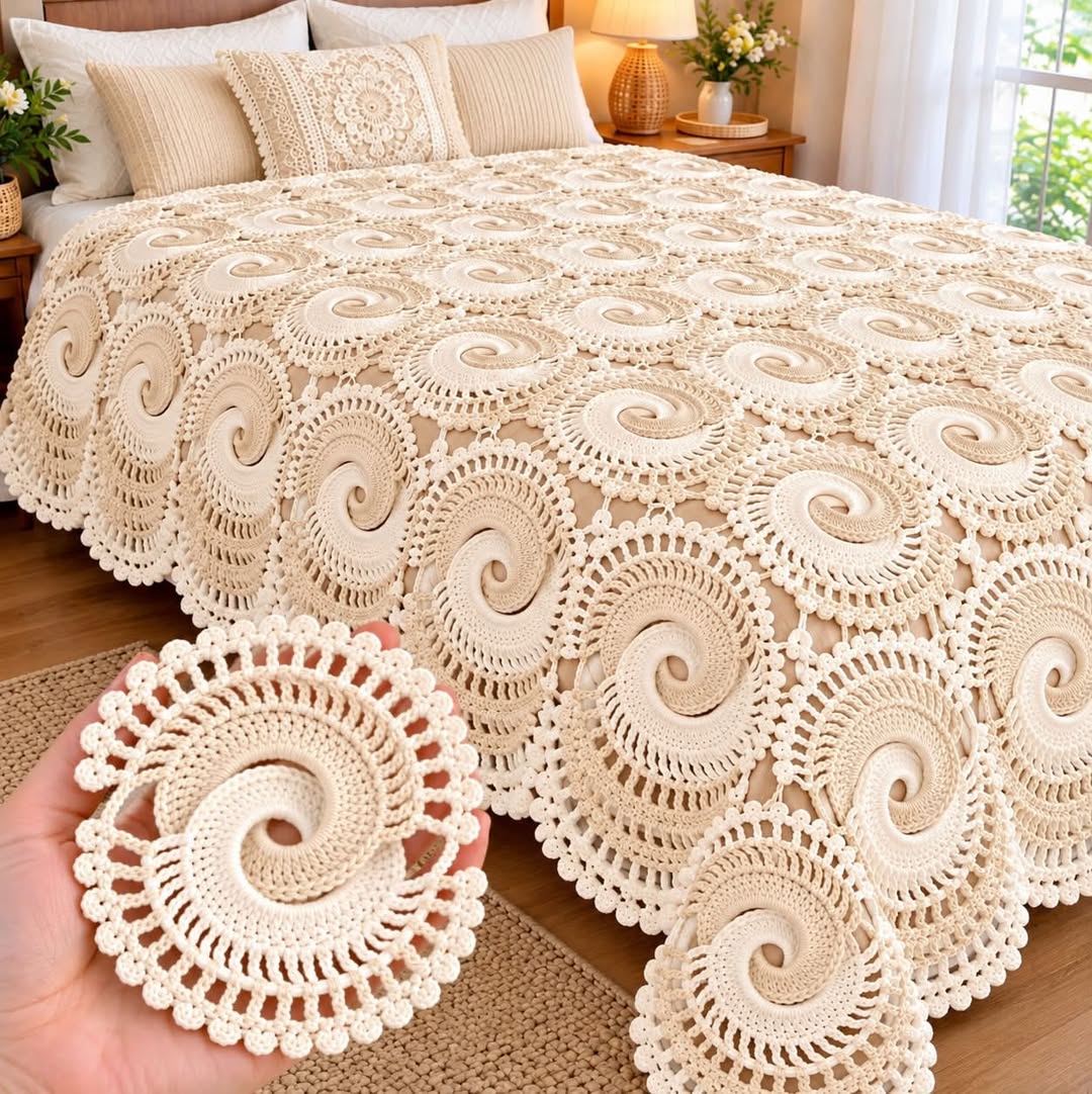 A hand holding a spiral crochet motif in front of a bed covered with a cream-colored crochet spiral motif bedspread.
