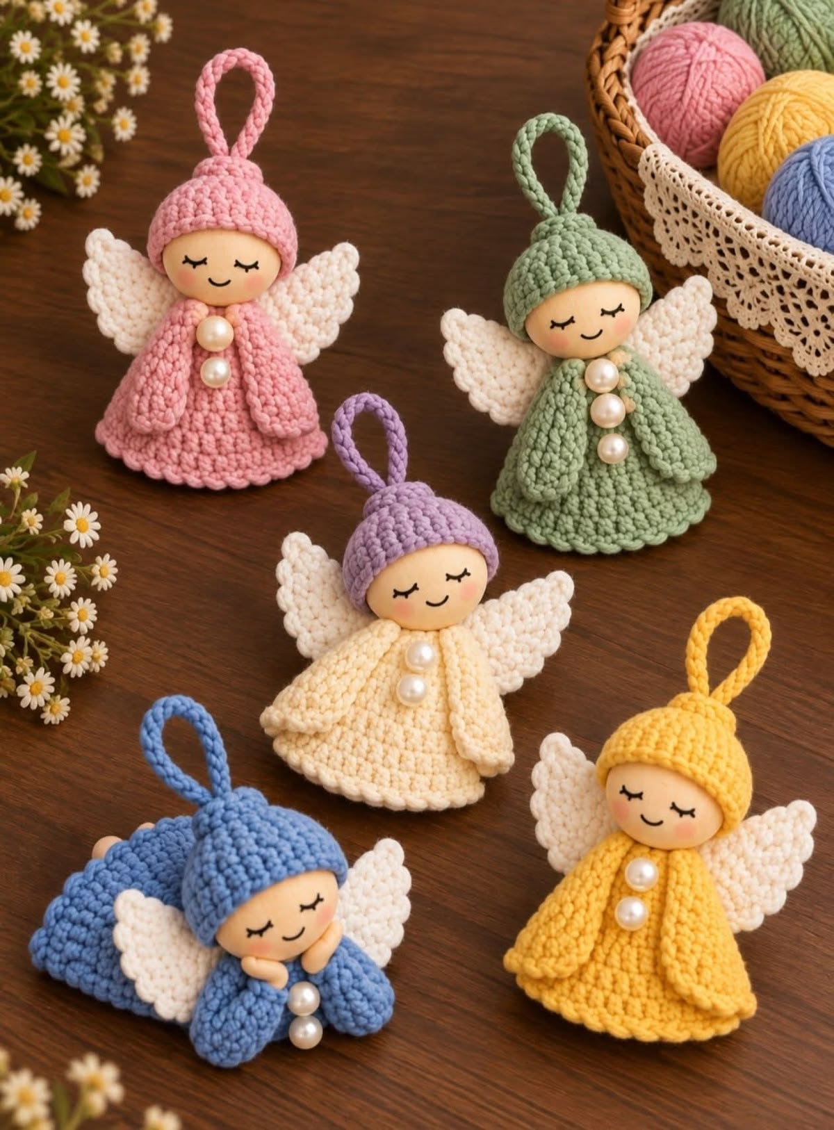 Five cute crochet angel ornaments in various pastel colors with wings, round heads, and pearl buttons, arranged on a wooden table.