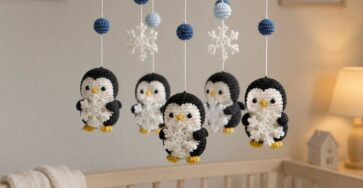 Crochet baby mobile with black and white penguins, snowflakes, and blue beads hanging from a crocheted blue ring.