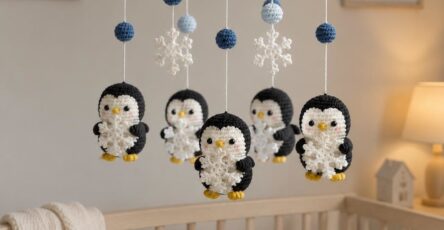 Crochet baby mobile with black and white penguins, snowflakes, and blue beads hanging from a crocheted blue ring.
