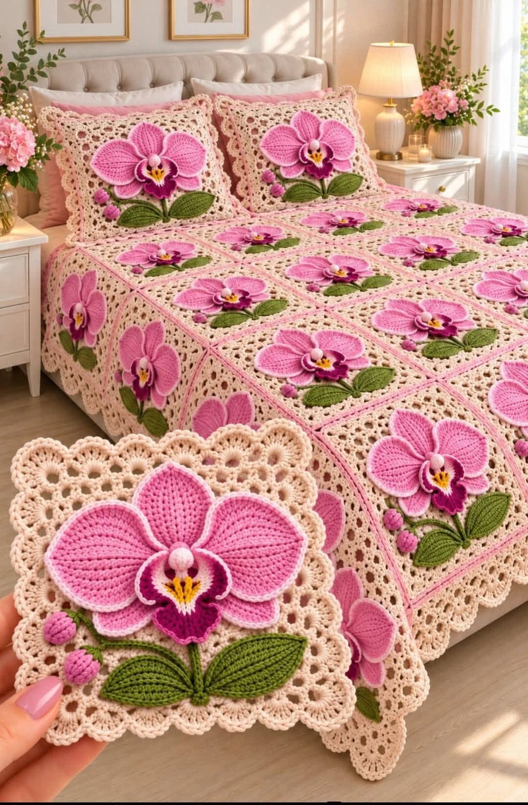 A crochet blanket and pillows made from square motifs with 3D pink orchid flowers and green leaves on a lacy cream background.