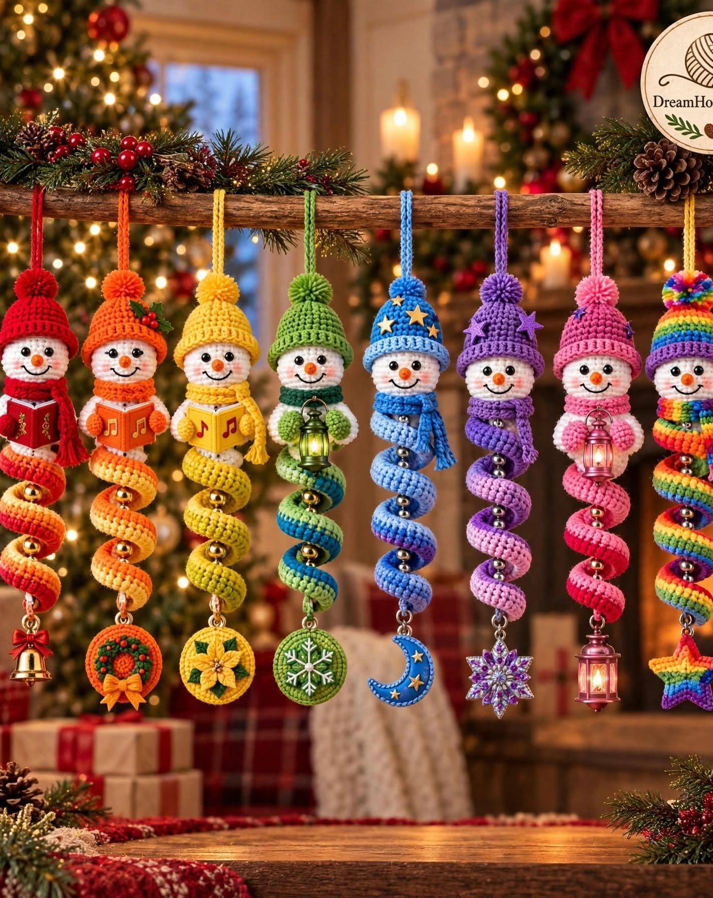 A set of colorful crochet spiral snowman ornaments, each with a different color and festive details, hanging on a branch with holiday decorations in the background.