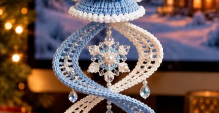 Crochet mobile with an amigurumi angel, twisted blue and white spiral, and snowflake motifs with beads.