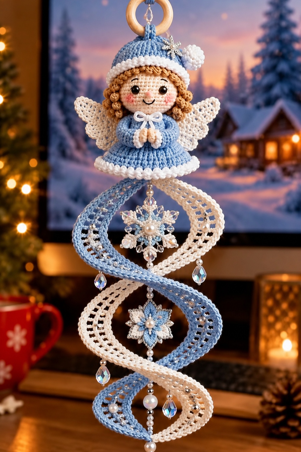 Crochet mobile with an amigurumi angel, twisted blue and white spiral, and snowflake motifs with beads.