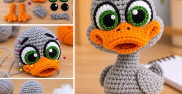 Amigurumi crochet duckling plush toy with large green eyes, orange beak, and webbed feet, assembled from multiple crocheted pieces.