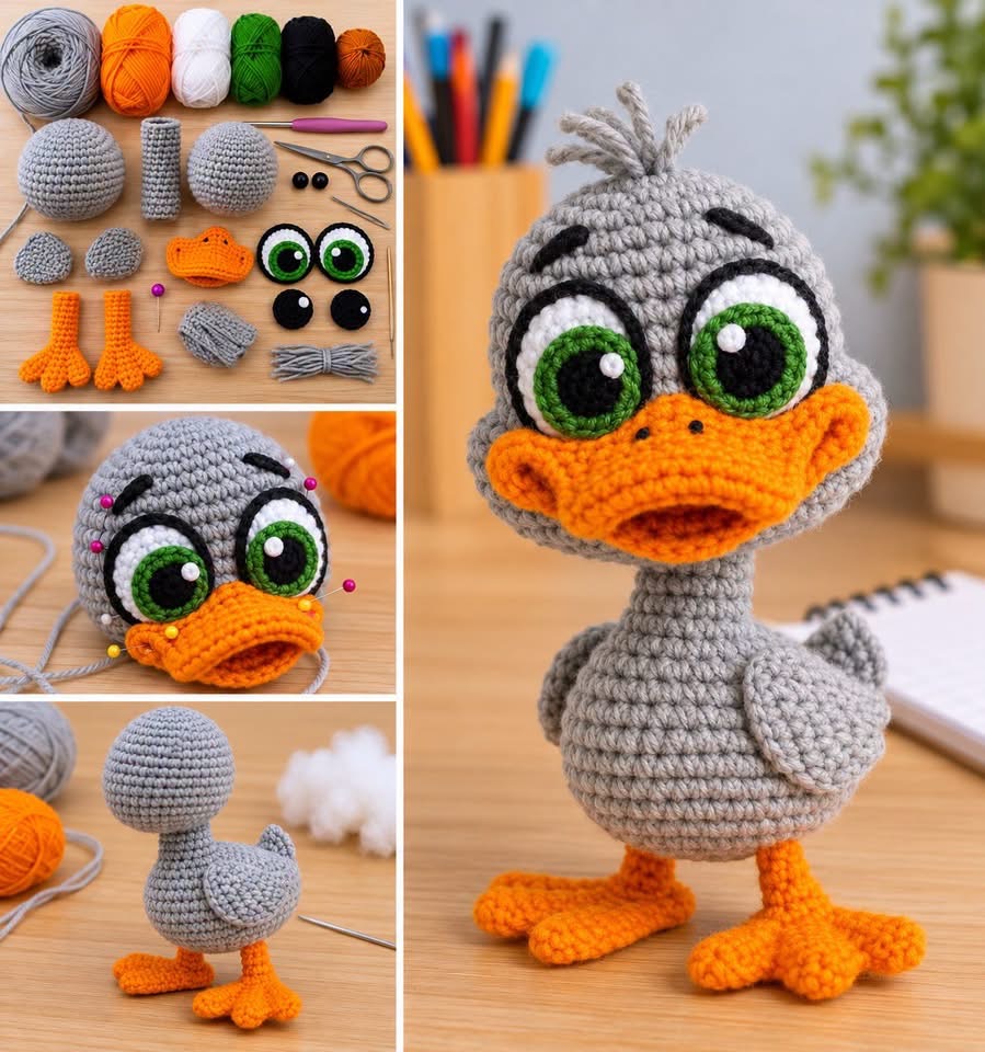 Amigurumi crochet duckling plush toy with large green eyes, orange beak, and webbed feet, assembled from multiple crocheted pieces.