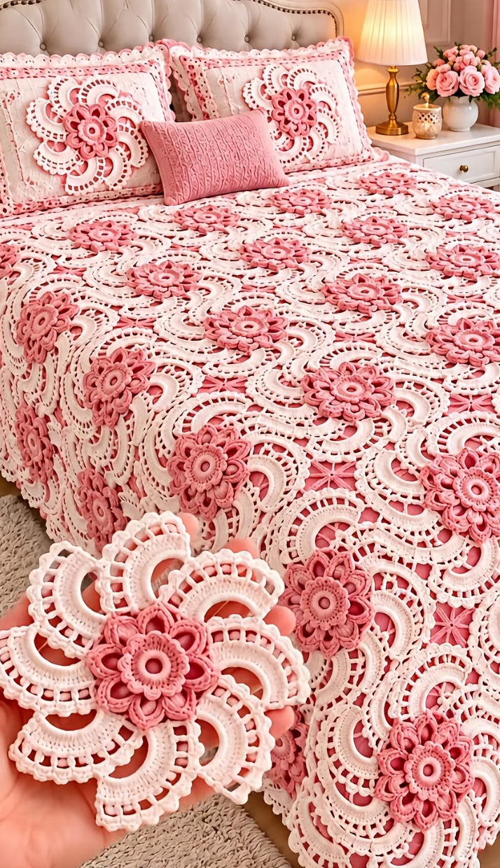 Elegant crochet bedspread and pillow covers made of joined pink and white floral motifs in a vintage lacy pattern.
