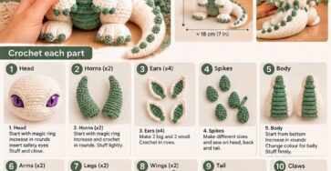 A crochet dragon amigurumi toy with green and white yarn, purple safety eyes, and detailed limbs, horns, wings, and spikes.