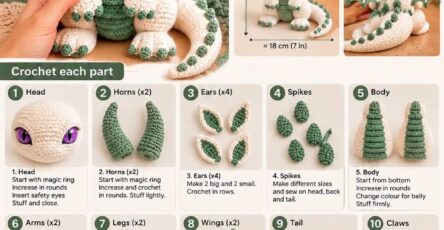 A crochet dragon amigurumi toy with green and white yarn, purple safety eyes, and detailed limbs, horns, wings, and spikes.