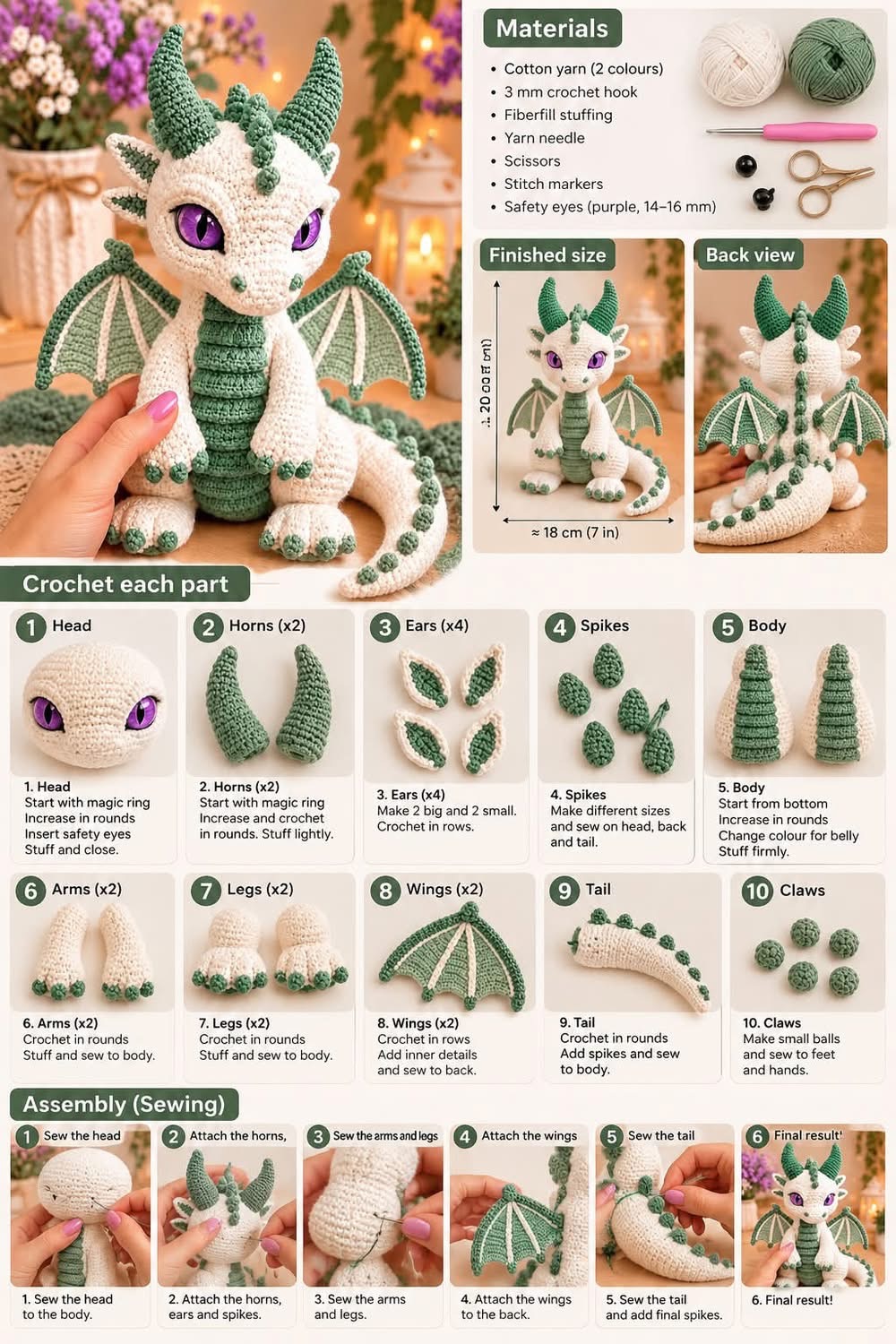 A crochet dragon amigurumi toy with green and white yarn, purple safety eyes, and detailed limbs, horns, wings, and spikes.