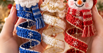 Three crocheted spiral Christmas ornaments: a Santa, a snowman, and a tree, each with a spiral base, held in front of a festive background.