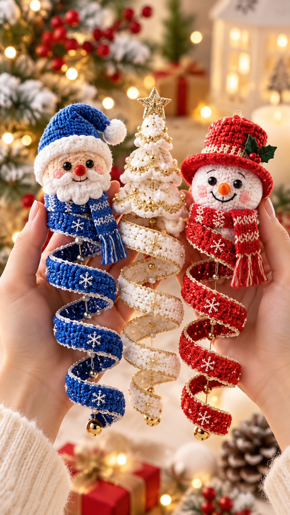Three crocheted spiral Christmas ornaments: a Santa, a snowman, and a tree, each with a spiral base, held in front of a festive background.