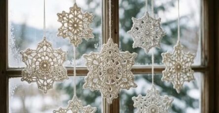 Six intricately crocheted white snowflake ornaments hanging in a window, displaying lacy patterns and delicate points.