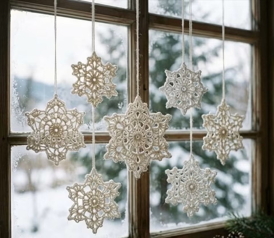 Six intricately crocheted white snowflake ornaments hanging in a window, displaying lacy patterns and delicate points.