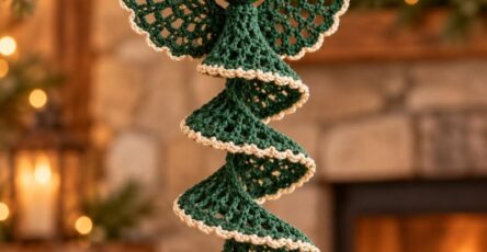 A crocheted angel ornament with green spiral body, gold-trimmed halo, and openwork wings, hanging from a branch.