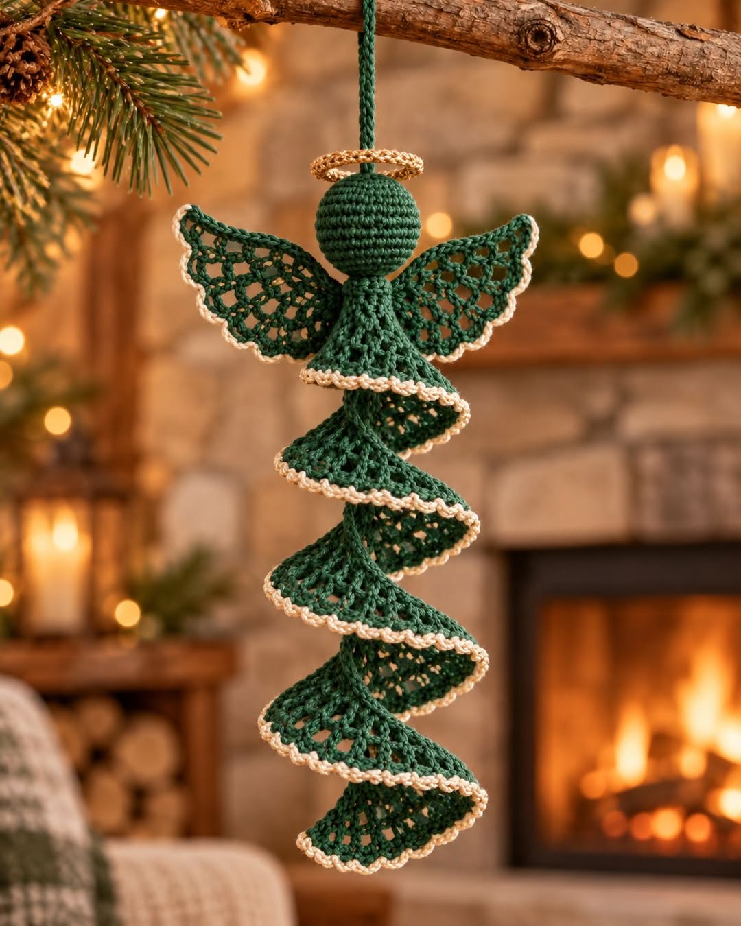A crocheted angel ornament with green spiral body, gold-trimmed halo, and openwork wings, hanging from a branch.