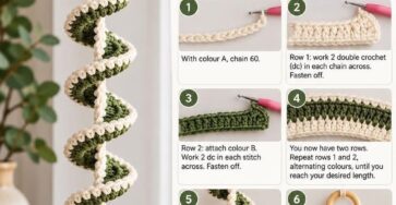 A crochet spiral hanging decor featuring twisted green and cream stripes, attached to a wooden ring, with a bead and tassel at the bottom.