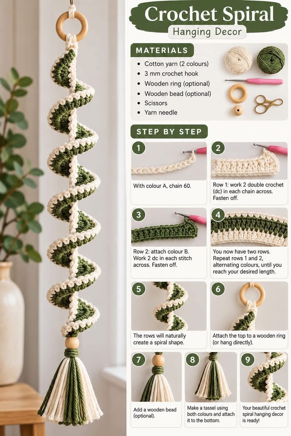A crochet spiral hanging decor featuring twisted green and cream stripes, attached to a wooden ring, with a bead and tassel at the bottom.