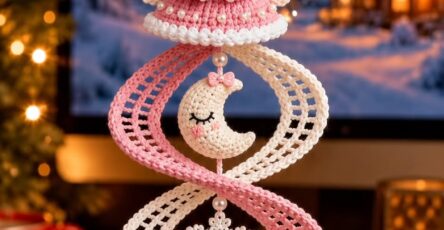 Crochet hanging ornament with a cute angel figure, spiral bands in pink and cream, moon, snowflakes, and bead details.
