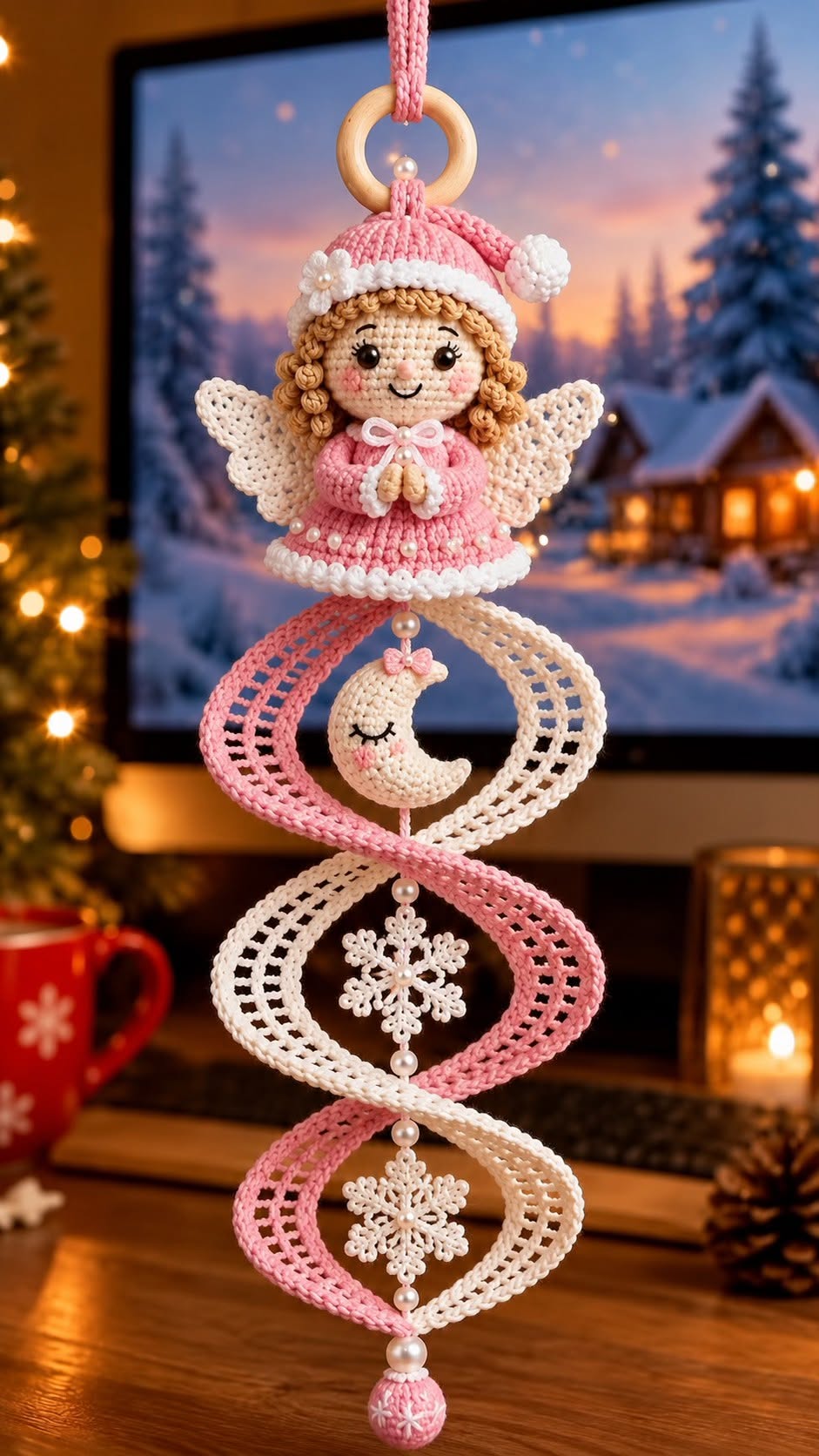 Crochet hanging ornament with a cute angel figure, spiral bands in pink and cream, moon, snowflakes, and bead details.