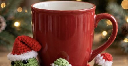 A crocheted turtle mug cozy in festive colors, featuring a turtle with a Santa hat supporting a red mug on a wooden table.